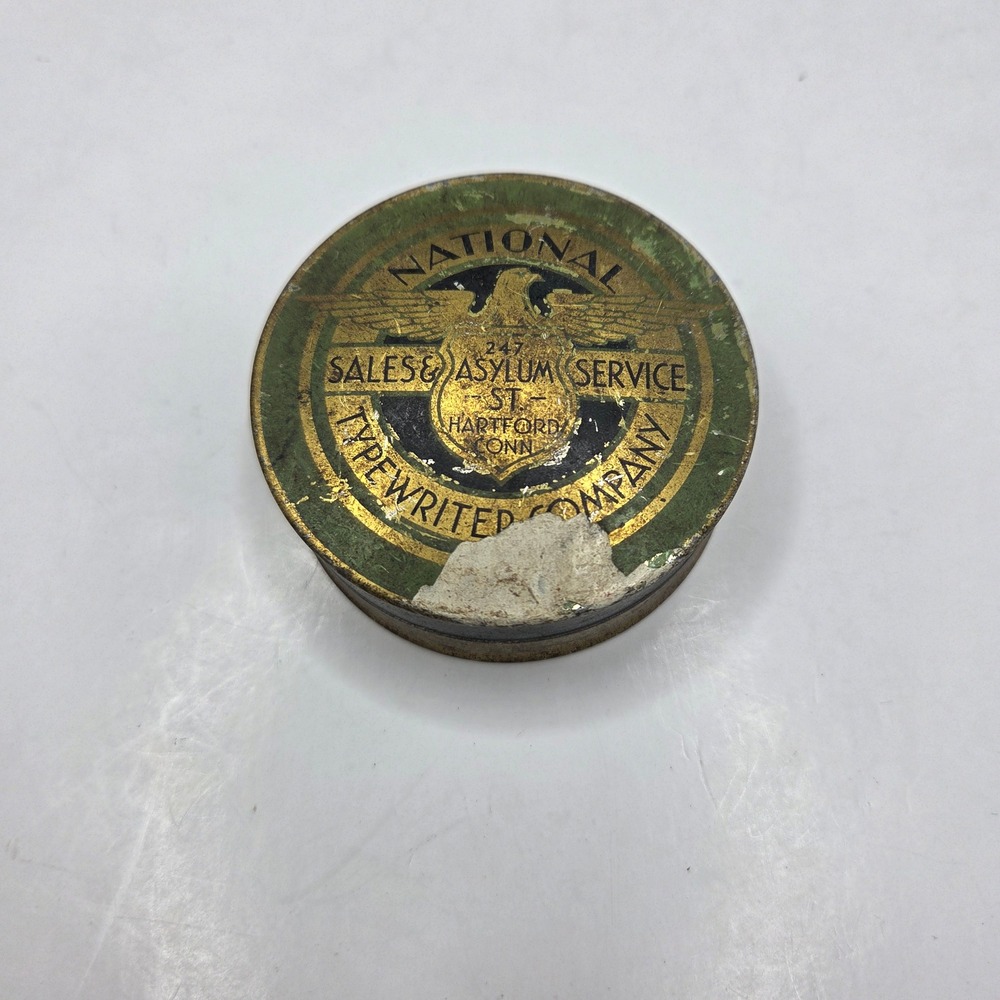 National Typewriter Co Antique Ribbon Tin Hartford Conn Green Gold Eagle Vintage